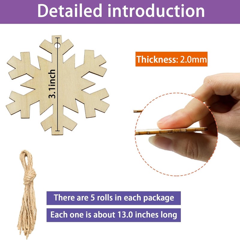 LEBERY 50Pcs DIY Wooden Christmas Ornaments Wooden Snowflakes for Crafts Unfinished Snowflakes Wood Ornaments with Hole, Predrilled Wood Snowflake Cutouts for Crafts Paints Christmas Tree Hanging Decor - Image 5